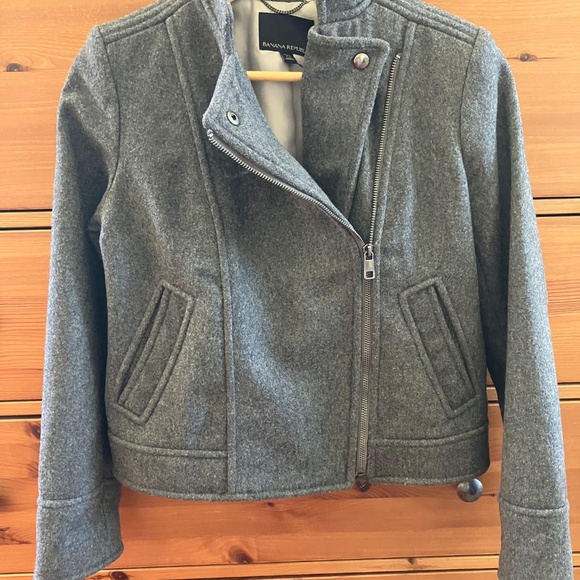 BANANA REPUBLIC 80% Italian Wool Blend Grey Moto Jacket XS P Petite - Picture 3 of 8